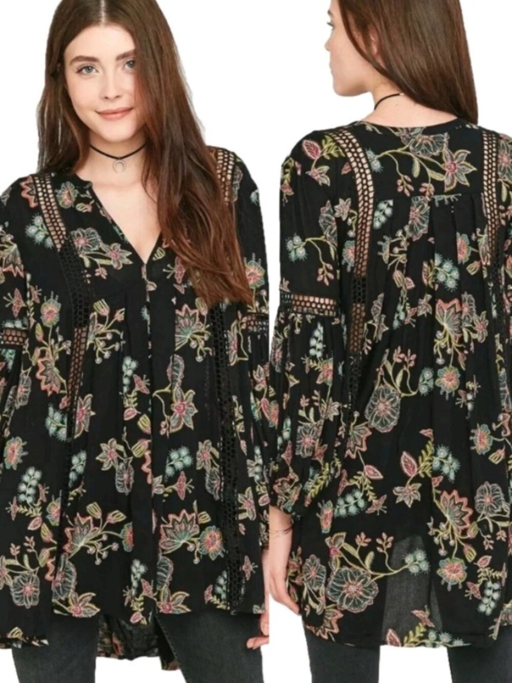 FREE PEOPLE Anthropologie Tunic Black Floral Crochet Blouse Boho Sz LARGE *AS-IS